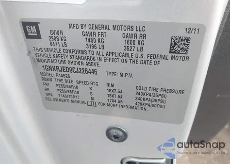 2012 Chevrolet Traverse 2Lt z USA, uszkodzony, nr VIN 1GNKRJED9CJ226446